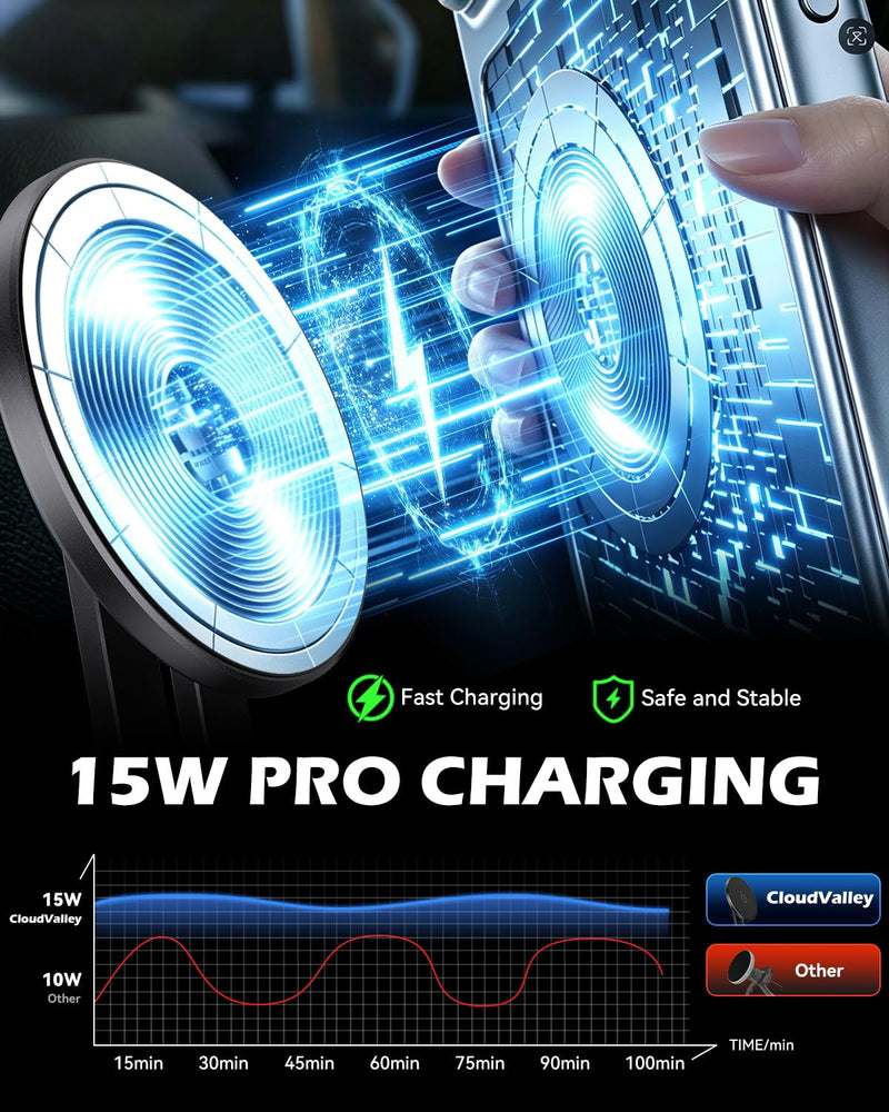 15W Charging Phone Mount for Tesla Model 3/Y, Magnetic Car Metal Holder | 360° Rotatable【Foldable & Extendable Hidden Design】 Tesla Screen Stand for 3/Y/Juniper/Cybertruck Accessories Wireless Charging