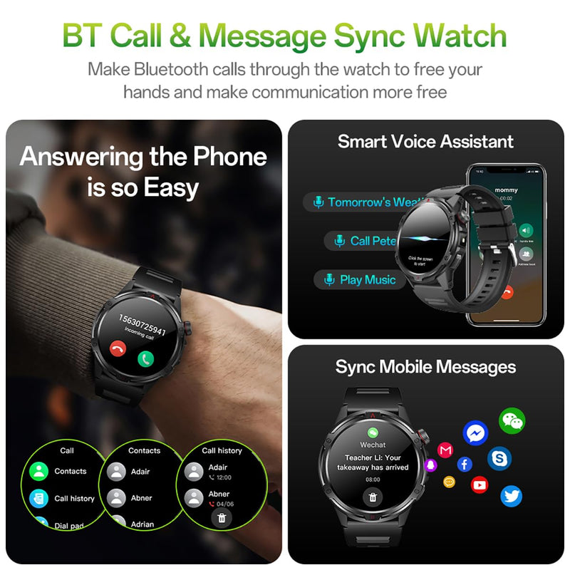 AOLON 1.43” AMOLED Smart Watch, 1ATM Waterproof Military Fitness Tracker | AOD Display Bluetooth Call Compass AGPS, Heart Rate SPO2 Sleep Monitor for Men Black