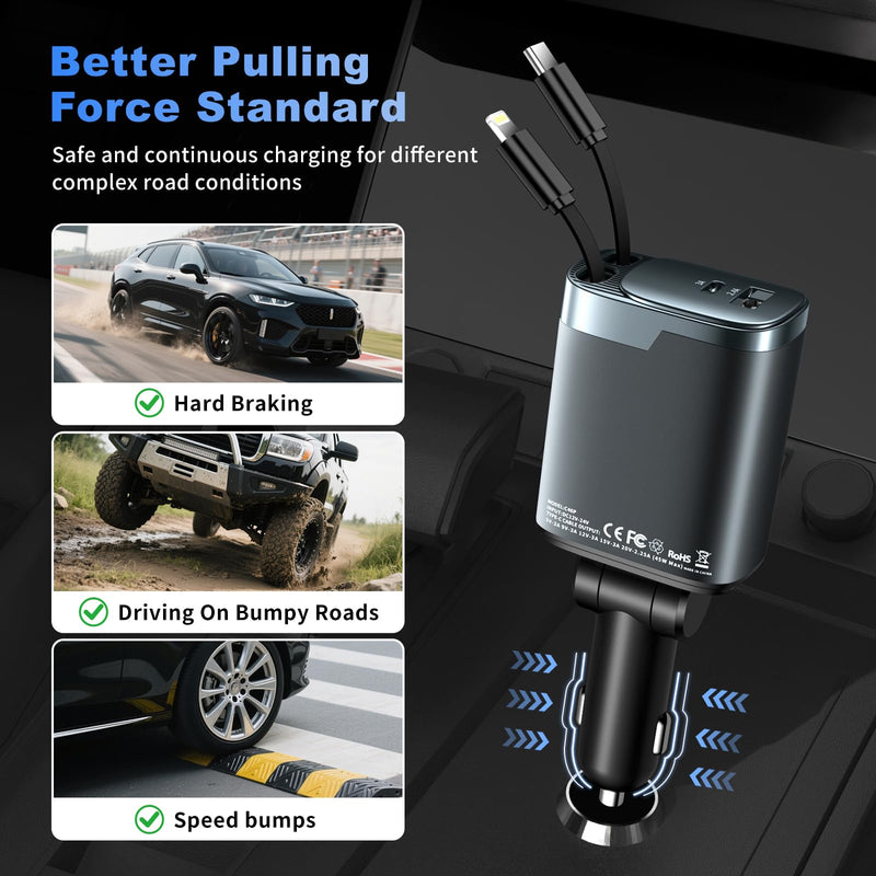 2 Pack 84W Retractable Car Charger, 4-in-1 USB C Fast Charging Adapter | Cigarette Lighter USB Charger Adapter, Fast charge for iPhone 17-11 & Samsung, Ideal Car Accessories & Gifts for Men Women 2 Pack