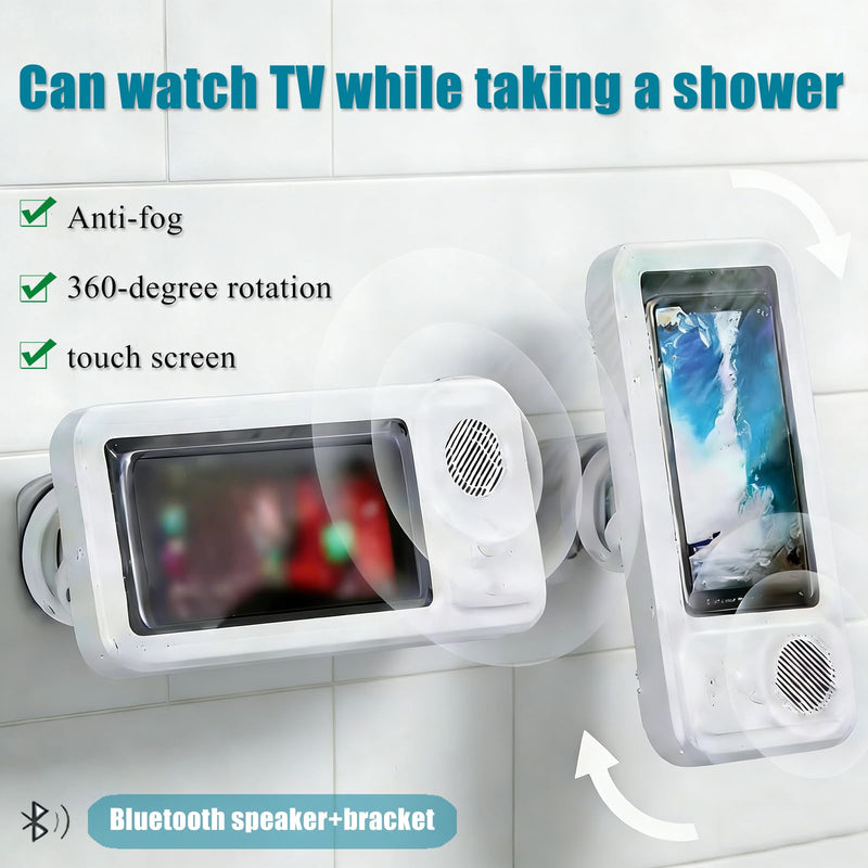 Waterproof Shower Phone Holder with Bluetooth Speaker, IPX4 Anti-Fog 360° Rotatable Suction Mount for Bathroom Kitchen