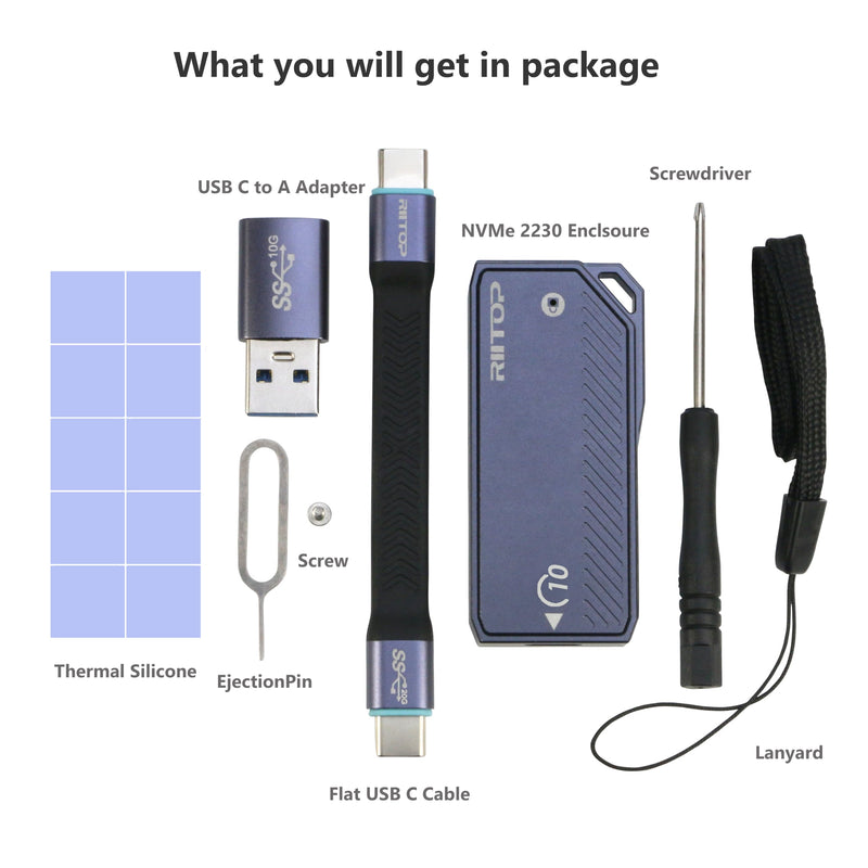 M.2 2230 Enclsoure 10Gbps, RIITOP Small M.2 NVMe to USB-C Reader with Aluminum Case for Both (M Key) NVMe and (B+M Key) SATA SSD only in Size 22x30mm