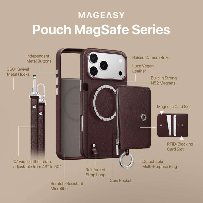 MAGEASY Pouch MagSafe Crossbody Wallet Case for iPhone 18 Pro Max & 17 Pro Max - Removable Wallet with Strap, 16ft Drop Protection, Card Holder Coin Pocket Magnetic Purse Case with Lanyard (Black)