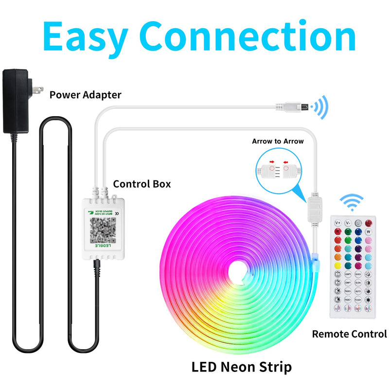 16.4ft 24V RGB LED neon Rope Lights with Remote APP Control IP65 Waterproof Flexible Neon LED Strip Lights LED neon Rope Lights for Bedroom Room Outdoors Decor 16.4FT