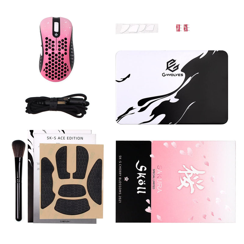 Skoll Mini SK-S Sakura 50g Ultralight Weight Honeycomb Design Ergonomic Gaming Mouse with 3389 Sensor - PTFE Skates - 16,000DPI - Detachable Cable (Pink)