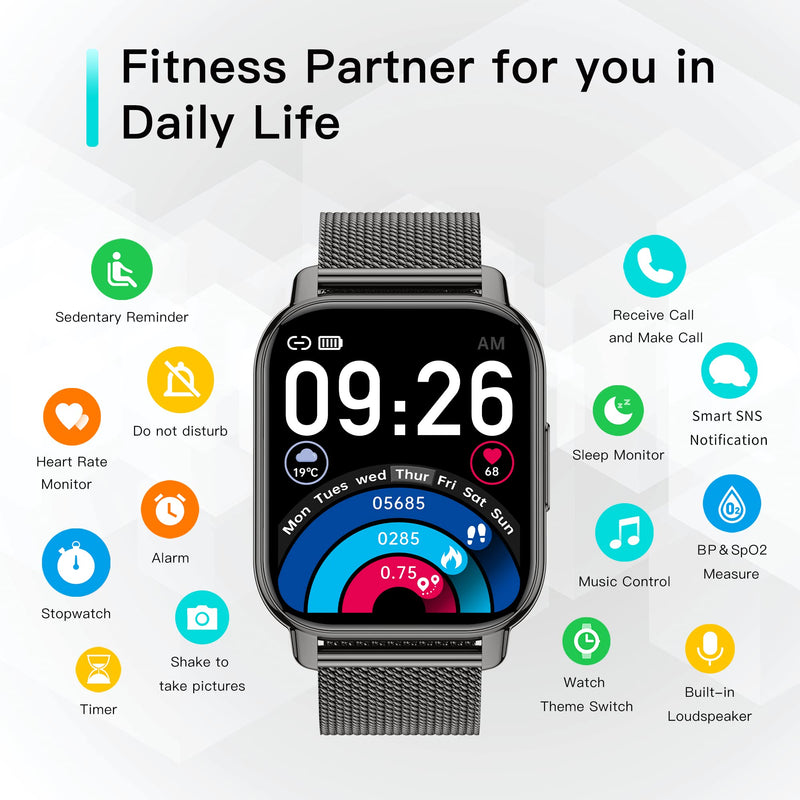 Popglory Smart Watch for Women & Men, 1.85'' Call Receive/Dial Smartwatch, Fitness Tracker with Blood Pressure/SpO2/Heart Rate Monitor, Fitness Watch with 4 Straps for iOS & Android Phones