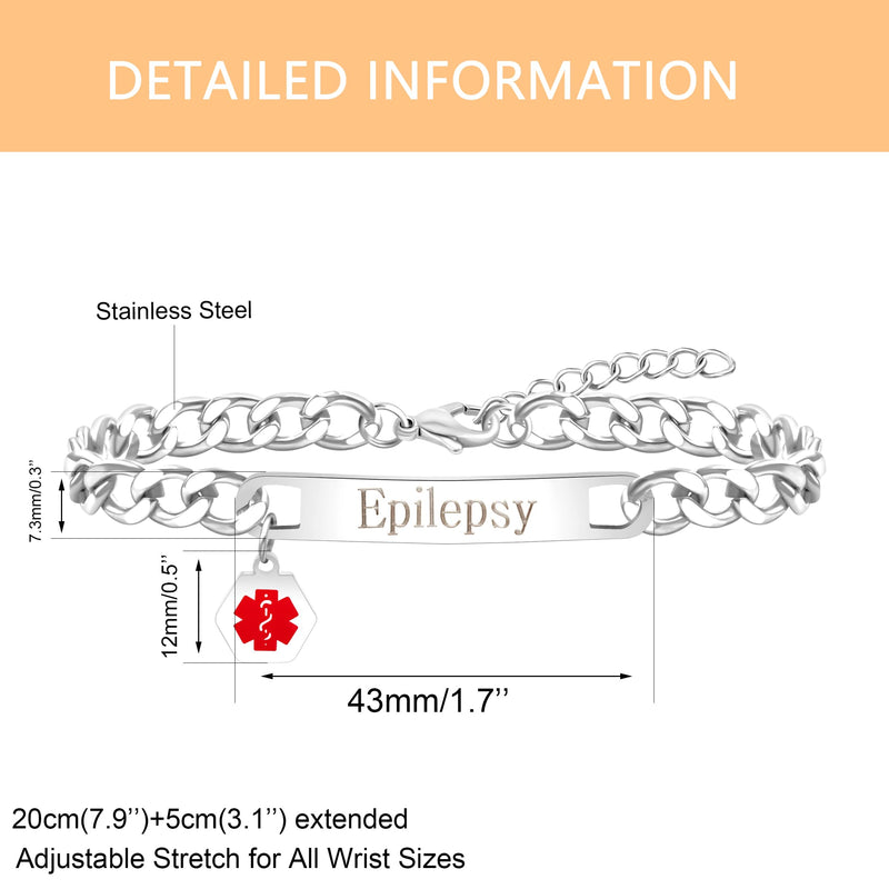 Uloveido Red Medical ID Bracelet | White/Black Cuban Chain Bracelets | Custom Medical Alarm Jewellery for Men Women | Waterproof Stainless Steel Bracelet YA5169 White Epilepsy