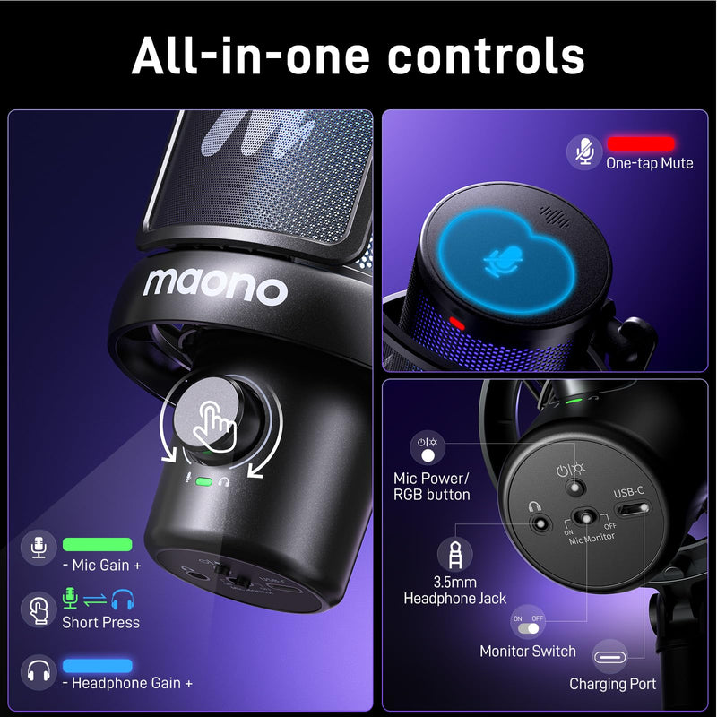MAONO Wireless Microphone for PC,Gaming Streaming Condenser Mic with Software AI Voice Change,3-Level Noise Cancellation,Custom EQ,Gain Control USB Mic for Podcast Recording (DM40-Black) DM40 AI Mic DM40-Black