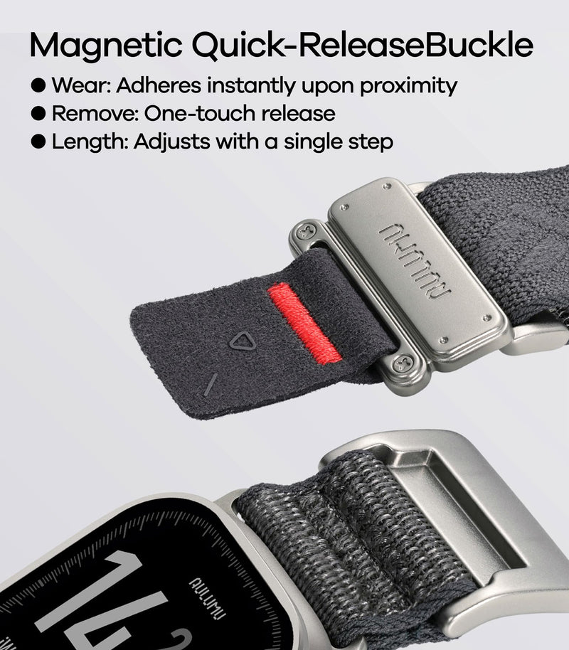 Aulumu C03 Snap Functional Titanium Buckle for Apple Watch Ultra (3/2/1) Nylon Band | Luxury Embossed Texture Knit | Quick-release Design | iWatch Bands for 49/46/45/44MM Black Titanium