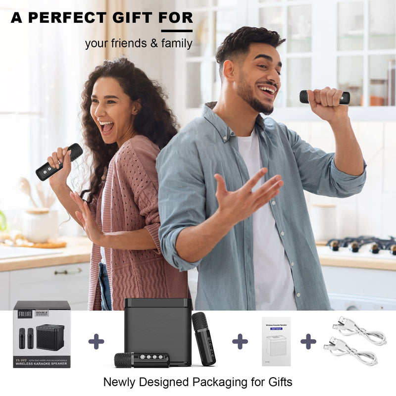 Karaoke Machine for Adults and Kids, FULLIFE Portable Bluetooth PA Speaker System with 2 UHF Wireless Microphones, Karaoke Speaker with Echo, Supports TF/USB, AUX in, for Home Party (YS203-Black) YS203-Black