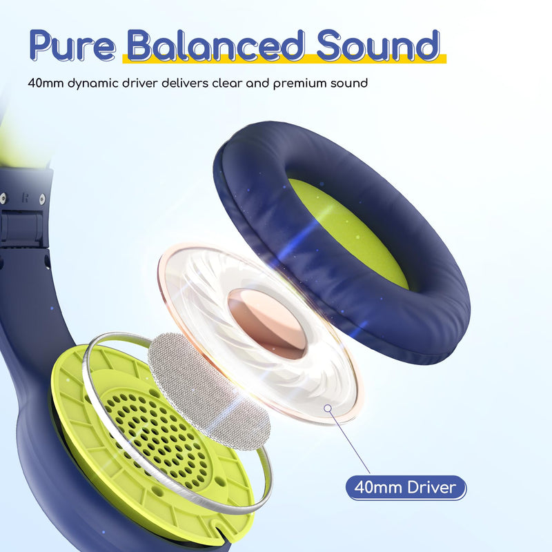EarFun Kids Headphones Wired with Microphone, 85/94dB Volume Limit Headphones for Kids, Portable Wired Headphone with Shareport, Stereo Sound Foldable Headset for School/Tablet/iPad, Blue Lemon Plug 3.5mm