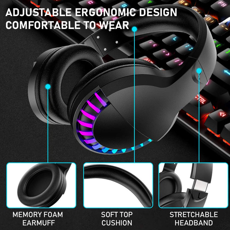 Wireless Bluetooth Headphone with Noise Cancellation HiFi Stereo Sound Mic Deep Bass Protein Earpad Rainbow RGB Backlight Rechageable Over Ear Headset for PC Mac Game Travel Class Home Office(Black) Black