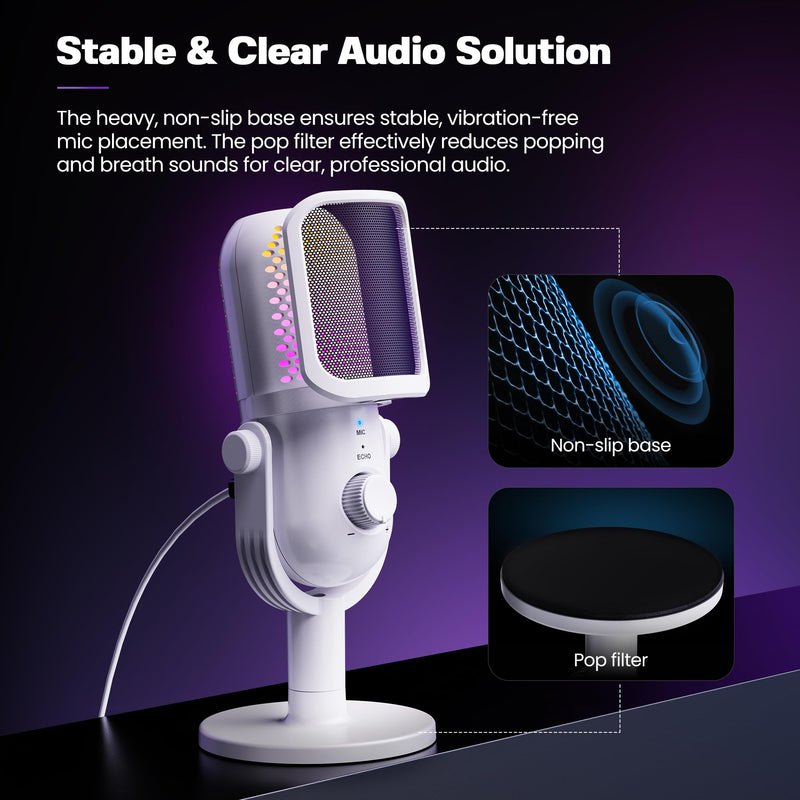 USB Microphone for PC Gaming: Condenser Microphone RGB for Gamer with Stand Mic - Recording Mic for Computer&Laptop with Qiuck Mute - Desk Podcast Mic for Podcast & Singing & Streaming & Youtube White