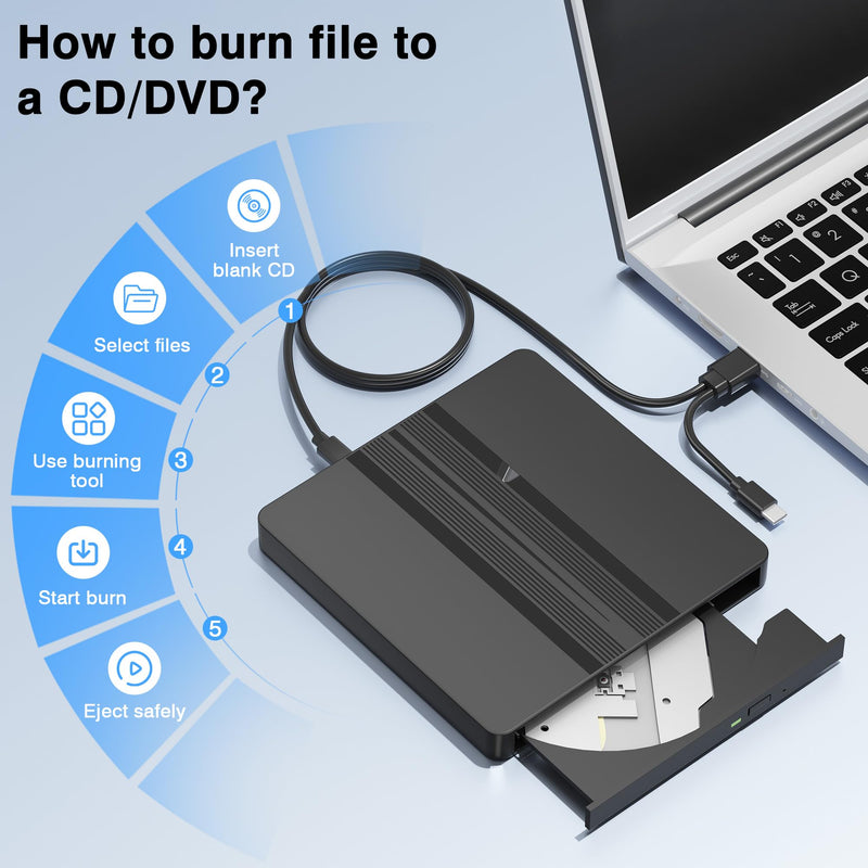 Ultra-Thin External CD DVD Drive with Extra-Long 31.5 Inch Cable | Portable CD/DVD +/-RW Burner USB 3.0 & USB-C Plug & Play Optical Drive for Laptop Desktop PC Windows Mac OS Linux Apple