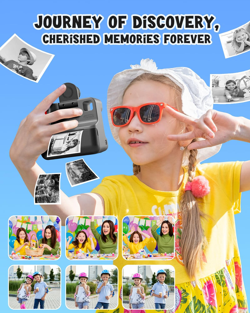 Kids Camera Instant Print, Christmas Birthday Gifts for Toddle Girls Boys Age 3-12, 24MP & 1080P Selfie Digital Camera with 3 Roll No-Ink Print Paper 32G SD Card - Black