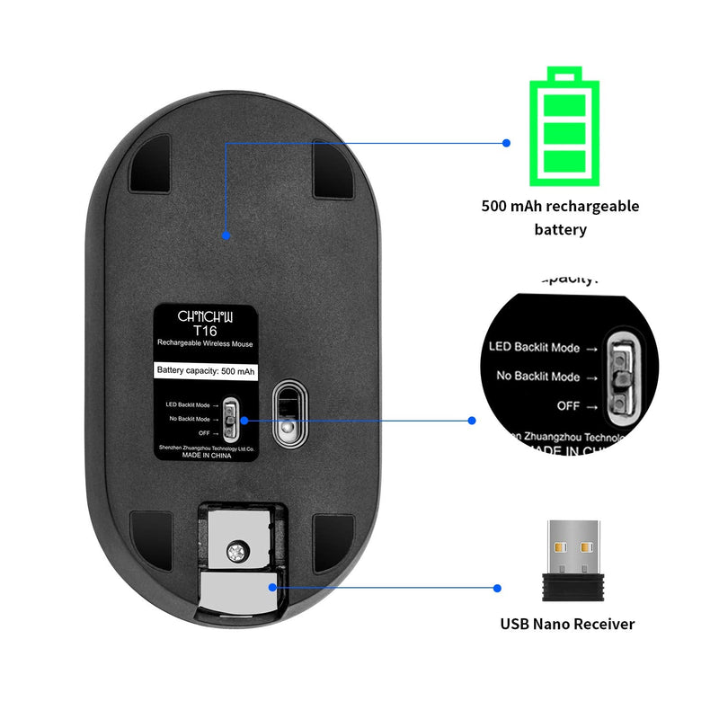 Wireless Backlit Mouse LED Silent Rechargeable Battery with Optical Backlight Switch Compatible Mac Windows 7/8/10 for PC Laptop(Black) black