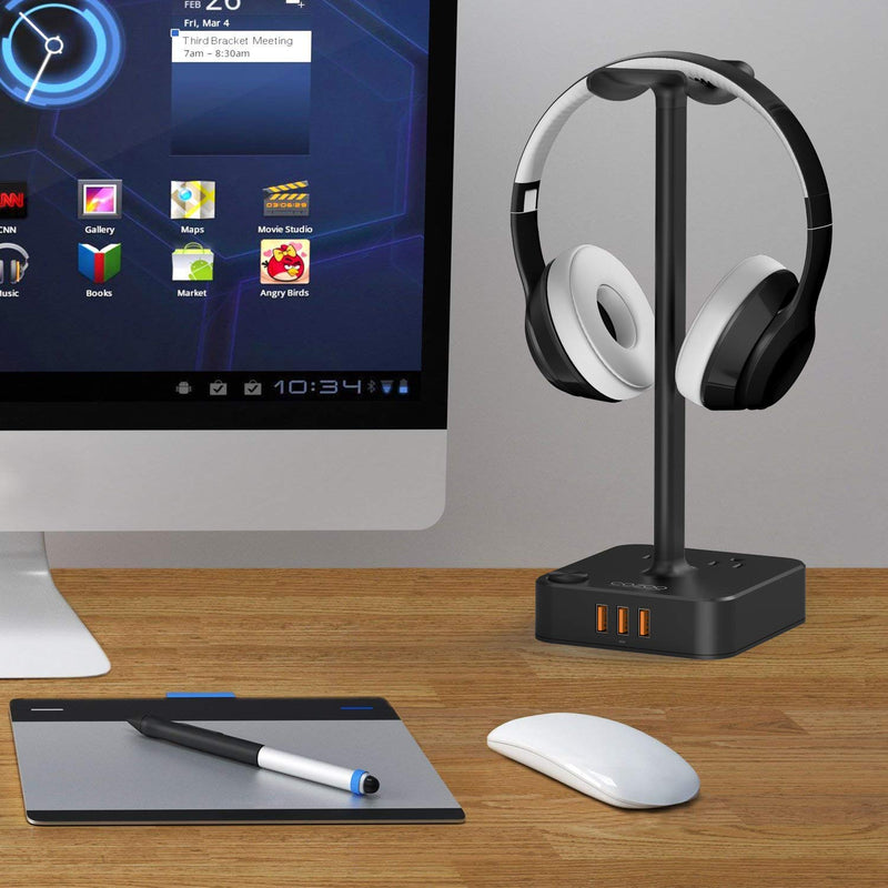Headphone Stand with USB Charger COZOO Desktop Gaming Headset Holder Hanger with 3 USB Charger and 2 Outlets - Suitable for Gaming, DJ, Wireless Earphone Display (Black) 1.Black