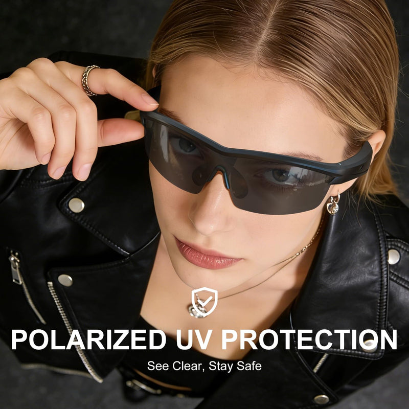 Waterproof Bluetooth Glasses for Cycling Running | UV Protection | Bluetooth Sunglasses, Smart Glasses, Polarized Lenses,Bluetooth Glasses for Women&Men, Long Battery Life, USB C Fast Charging Black Medium
