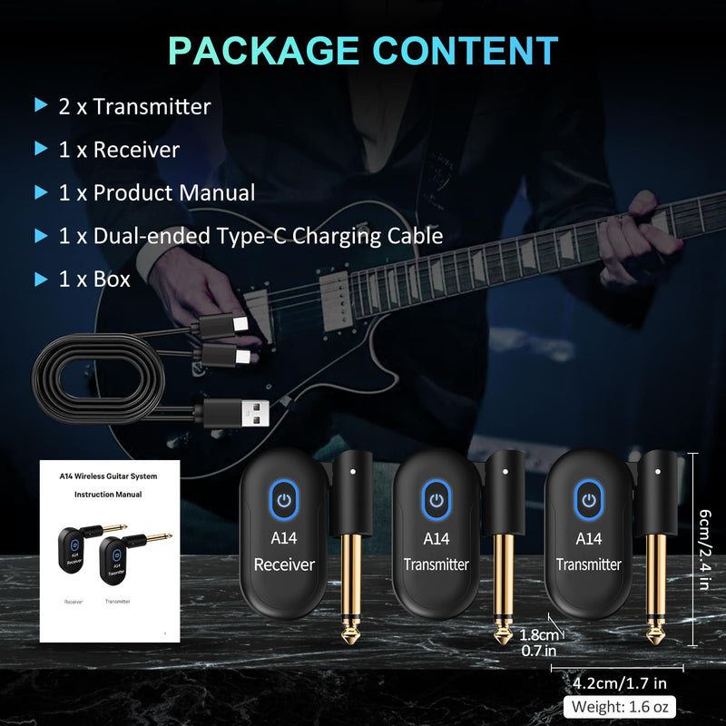 A14 Wireless Guitar System 2.4GHz 2 Modes, Thumb-Size, 90° Rotatable, Wireless Guitar Transmitter Receiver 100ft Range, Plug & Play for Guitar, Bass, Violin, Keyboard - Black (2TX + 1RX) 2TX + 1RX