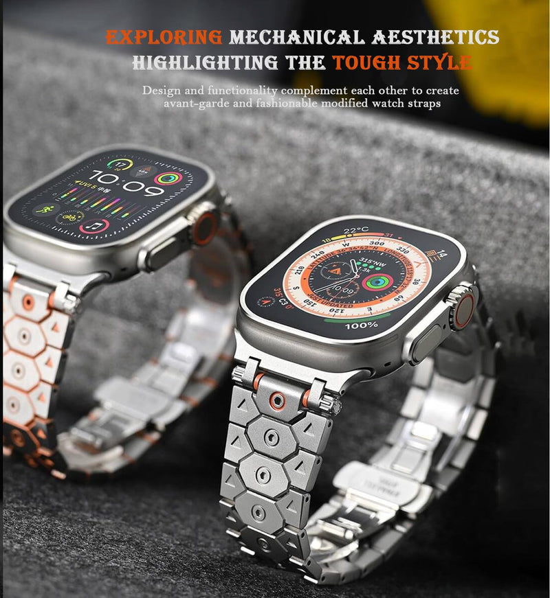DEALELE Bands Compatible with Apple Watch 49mm 46mm 42mm 45mm 41mm 44mm 40mm 38mm, Mechanical-style Stainless Steel Metal Replacement Strap for iWatch Series 10/9 / 8/7 / 6/5 / 4/3 /SE/Ultra 2# Silver-orange 42mm/44mm/45mm/46mm/49mm