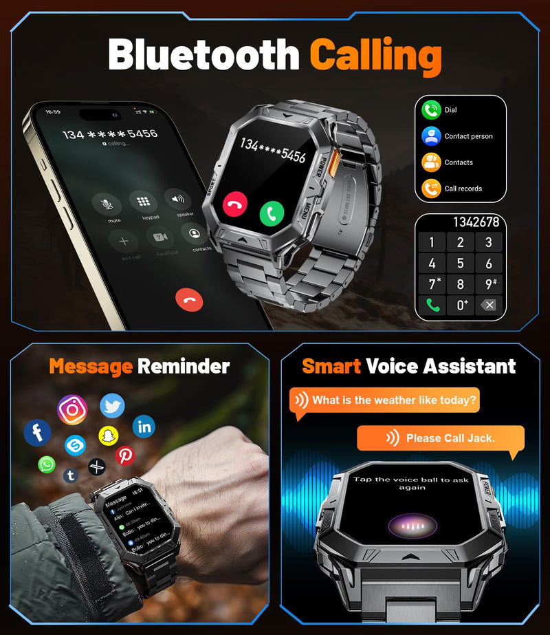LIGE Military Smart Watches for Men(Answer/Make Calls),100-Day Battery Life,2.13" AMOLED Outdoor Sports Smartwatch with Compass,Fitness Tracker with 100+Sports Modes for Android iOS,AI Voice