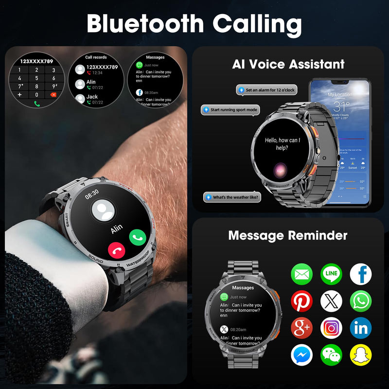 Military Smart Watch for Men 1.85" HD Touch Screen 730mAh Battery Smart Watches with LED Flashlight for Android iOS （Bluetooth Call Answer/Dial Calls） Fitness Tracker with Heart Rate Blood Obsidian Black