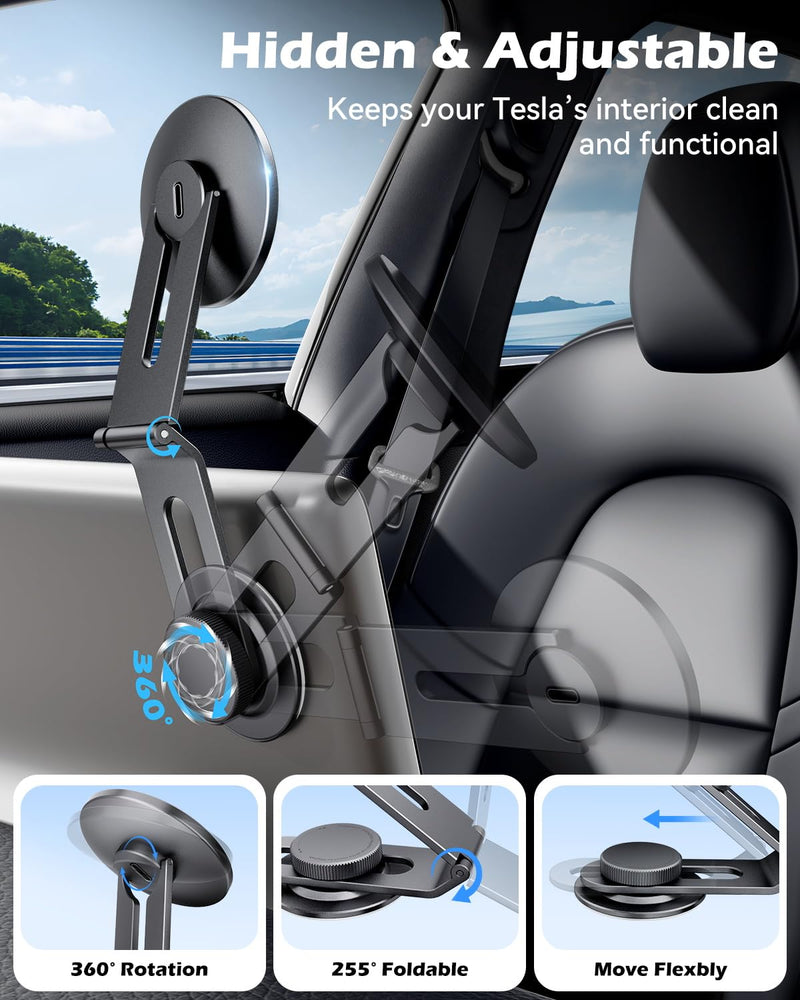 15W Charging Phone Mount for Tesla Model 3/Y, Magnetic Car Metal Holder | 360° Rotatable【Foldable & Extendable Hidden Design】 Tesla Screen Stand for 3/Y/Juniper/Cybertruck Accessories Wireless Charging