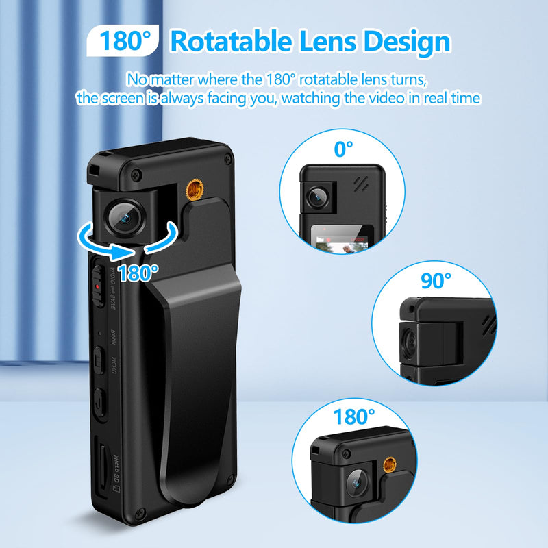 128GB Body Camera, Wearable HD Body Cam with 180° Rotatable Lens and Upgraded Back Clip, Body Camera with Audio and Video Recording for Law Enforcement, Delivery, Indoor