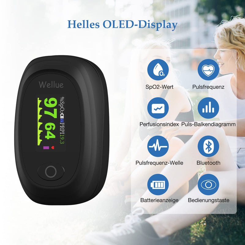 Wellue Pulse Oximeter Finger Oximeter with Bluetooth, Oxygen Monitor Finger Adult with App, Monitoring Blood Oxygen Saturation and Heart Rate, with Alarm and Battery
