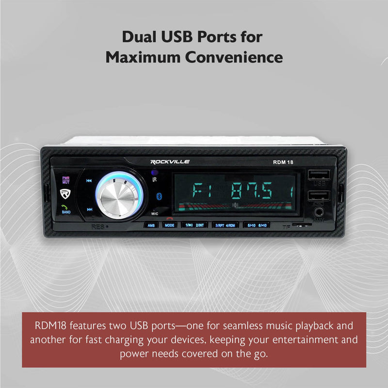 Rockville RDM18 V2 In-Dash Digital Media Car Receiver, 50W, 4 Channels, Bluetooth, AM/FM, MP3, USB/SD, Color Selectable, Remote, Perfect for Car Audio | Dual USB with Charging, 32GB SD, 50W x 4 Peak / 17W x 4 RMS, Front Aux, Single DIN, Remote, Color L...