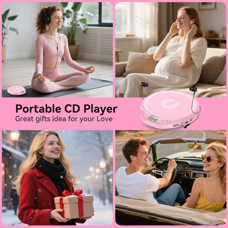 [AUSTRALIA] - Portable CD Player for Car: Kegaudio with Earphones Anti-Skip LCD Display Personal Disman Disc Player for Car & Sports Supports MP3 WMA PROG & Memory Function Pink 
