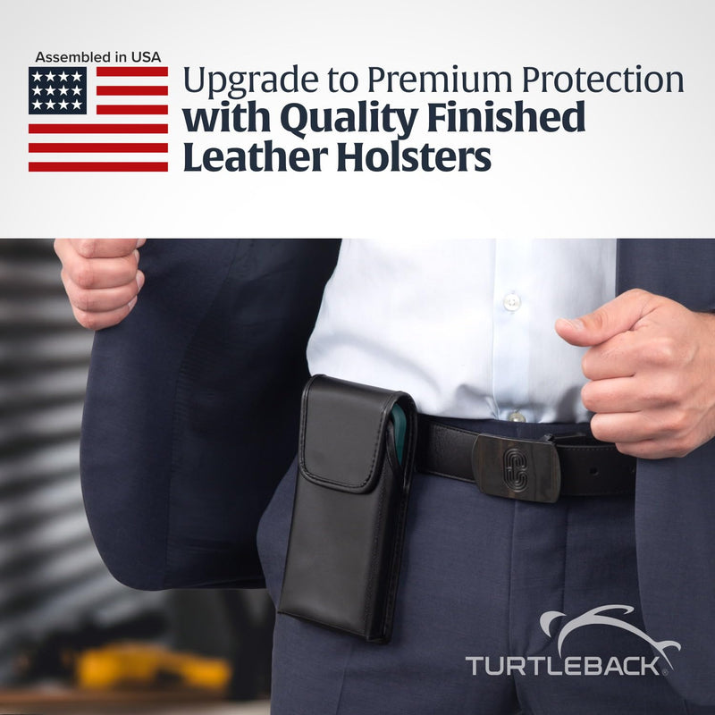 Turtleback Belt Clip for iPhone 16 Pro, 16e, 15 pro 14 Pro 13 Pro -Medium- Fits w/Shockproof Commuter Style Cases, Premium Black Leather, Vertical Belt Holder, Magnetic Closure HD Rotating Clip Medium Vertical - Leather w/ Metal Clip