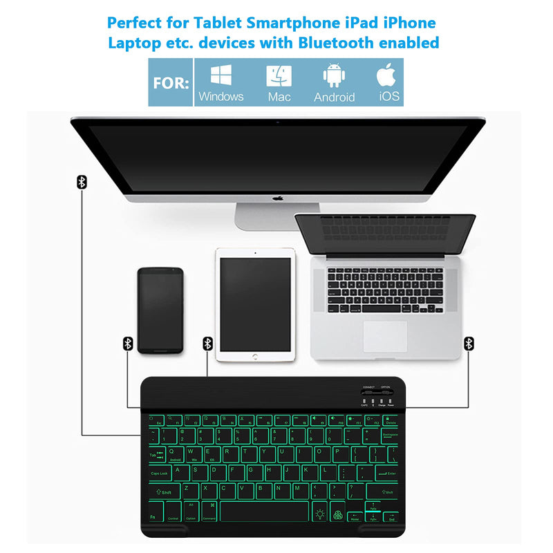 Backlit Bluetooth Keyboard Small Portable External Wireless Keyboard Cordless Rechargeable Illuminated for Android Tablet Cell Phone Smartphone iPad Pro Air Mini iPhone Windows Surface (Black) Black