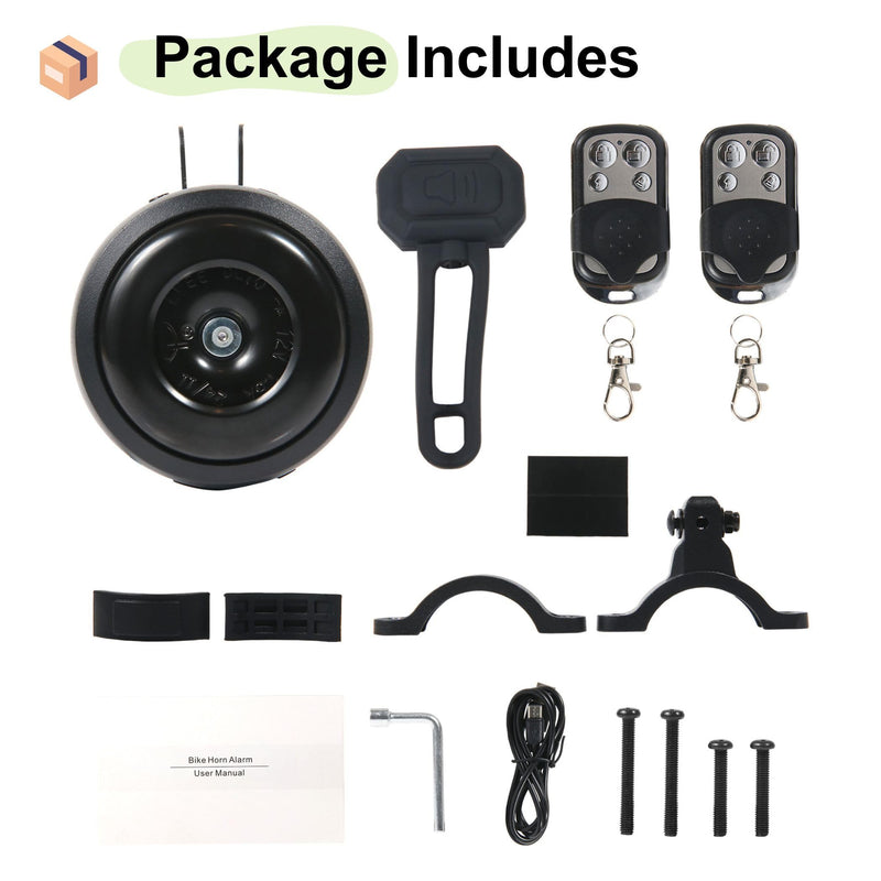 [AUSTRALIA] - Electric Bike Horn and Alarm System, 125dB, USB-Rechargeable, Waterproof, Remote Control 