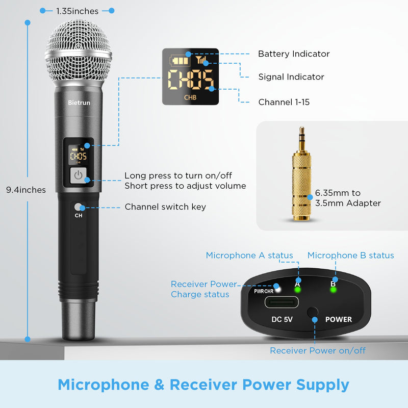 [AUSTRALIA] - Bietrun Wireless Microphone, UHF Dual Handheld Cordless Dynamic Metal Mic Set with Rechargeable Receiver, 1/4'' Plug Output, for Karaoke, Church, Wedding, Party Singing(98 ft Range)(Auto Connect) Battery Microphone-WXM31-2 