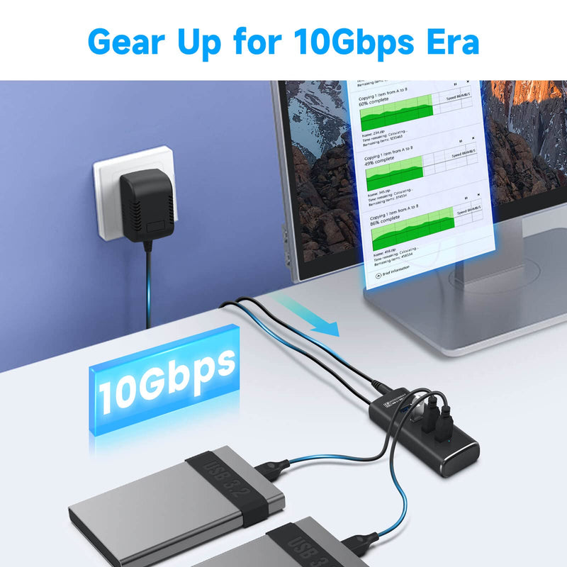 RSHTECH 7 Port Powered USB 3.0 Hub with 5V Adapter + ROSONWAY 4 Ports USB 3.1 Gen 2 Hub 10Gbps with 5V Power Adapter