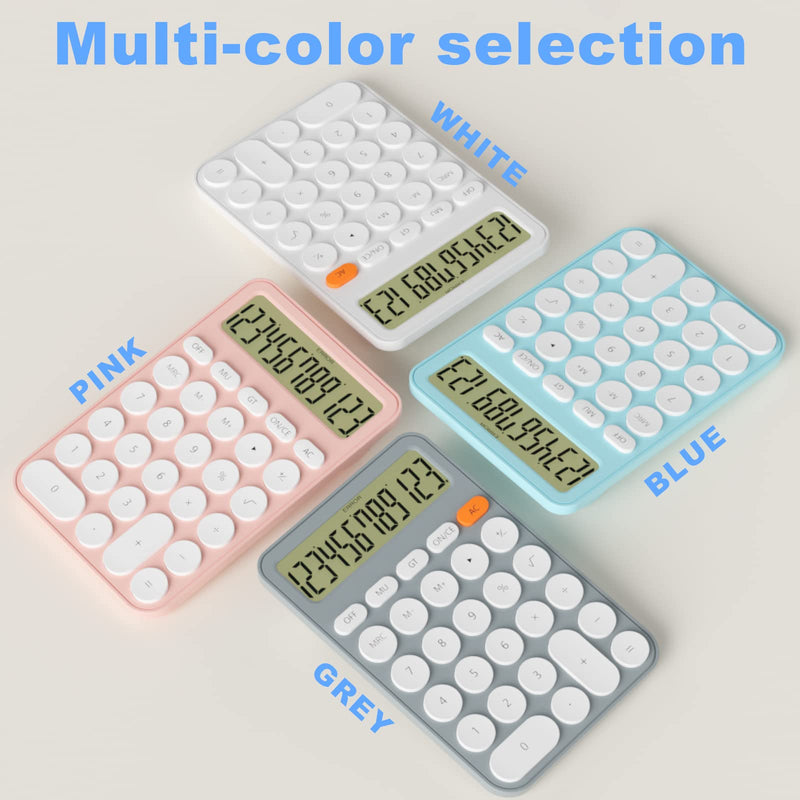 Cute Calculators Desktop Size 6.3 * 4.3in/16 * 11cm, DECKLIT Battery 12 Digit Desk Calculator Extra Large LCD Display, Great Desktop Calculator Big buttons, 15°Tilt Screen for Kids Calculator(White) white