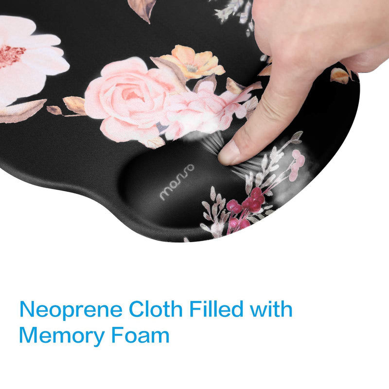 MOSISO Mouse Pad with Wrist Rest Support, Peony Ergonomic Mousepad Non-Slip Base Comfortable Home/Office Pain Relief & Easy Typing Cushion for Laptop with Neoprene Cloth & Raised Memory Foam, Black