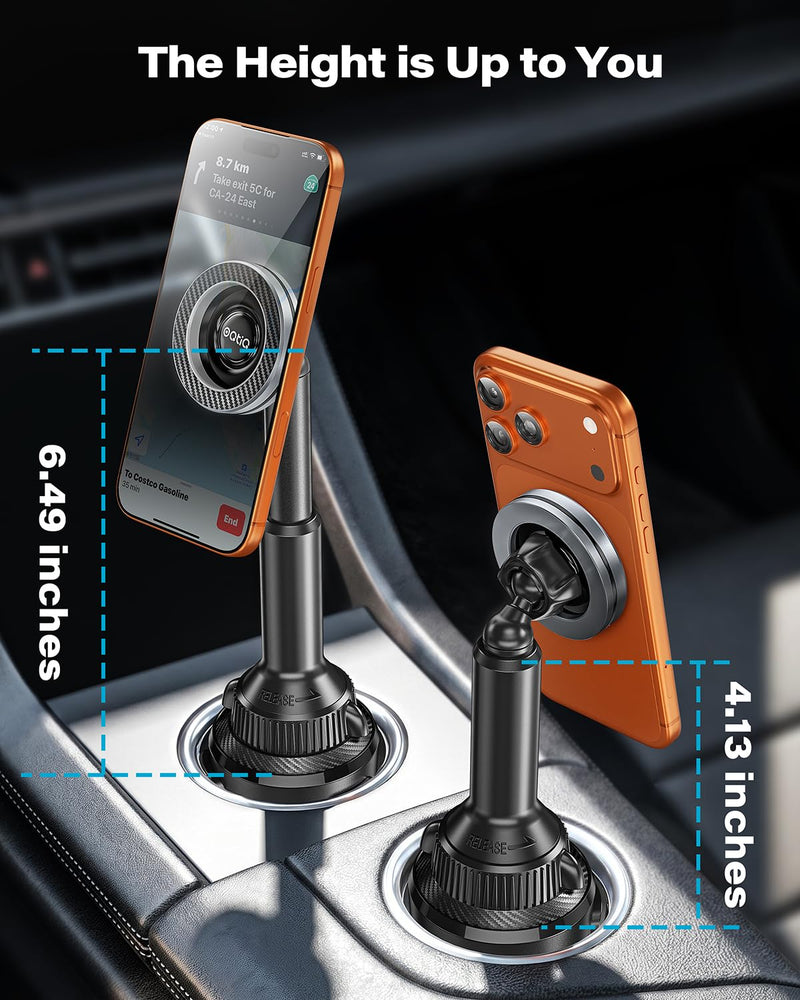 OQTIQ Phone Cup Holder for Car Mount for MagSafe, Quick Extension Long Arm | 360° Rotation, Fits 3"-4" Cup Holders - Stable & Secure for iPhone 12-17 Series, Carbon Fiber Pattern Black