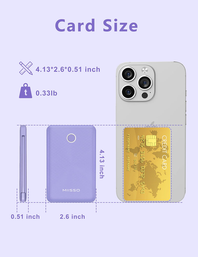 miisso 6000mah Ultra Slim Built in Cables Power Bank, Card Size Built in USB C Cords Battery Pack Portable Charger for Phones, 3 Output External Battery Pack Compatible with iPhone, Samsung, Purple 6000mah Purple