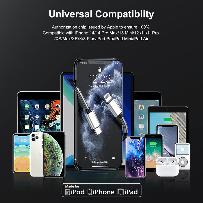 [AUSTRALIA] - 2Pack 10ft iPhone Fast Charger Cable, [Apple MFi Certified] Long USB C to Lightning Cable 10 Foot, High Fast 10 Feet Apple Charging Cord for Apple iPhone 14/14 Pro Max/13 Mini/12/11/XS/XR/8/7Plus,iPad Lightning Silver 