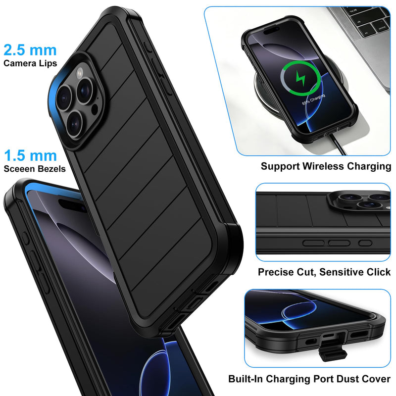 for iPhone 16 Pro Max Case with Belt Clip Holster Screen Protectors | Heavy Duty Military Grade Shockproof Protection Anti-Drop Rugged Kickstand Black