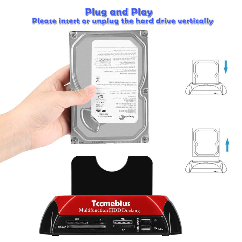 Hard Drive Docking Station, Tccmebius TCC-S862-US USB 2.0 to 2.5 3.5 Inch SATA IDE Dual Slots External Enclosure with All in 1 Card Reader and USB 2.0 Hub for 2.5" 3.5" IDE SATA I/II/III HDD SSD