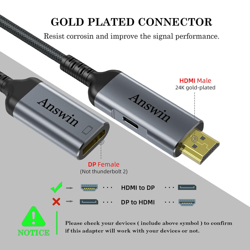 HDMI to DisplayPort Adapter Uni-Directional 4K@60Hz 2K@144Hz 1080P | HDMI Source to DisplayPort Monitor Compatible with PC Graphics Card Laptop Xbox One/360/NS/PS5/Mac Mini Support