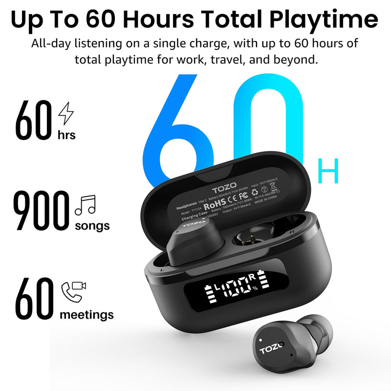 TOZO NC9 Hybrid Active Noise Cancelling Wireless Earbuds, 60H, LED Display | 6 Mic ENC Clear Calls, Deep Bass Sound, IPX8, in Ear Bluetooth 5.3 Headphones,32 EQs via APP, Comfort Fit Ear Buds, Black Dark Black