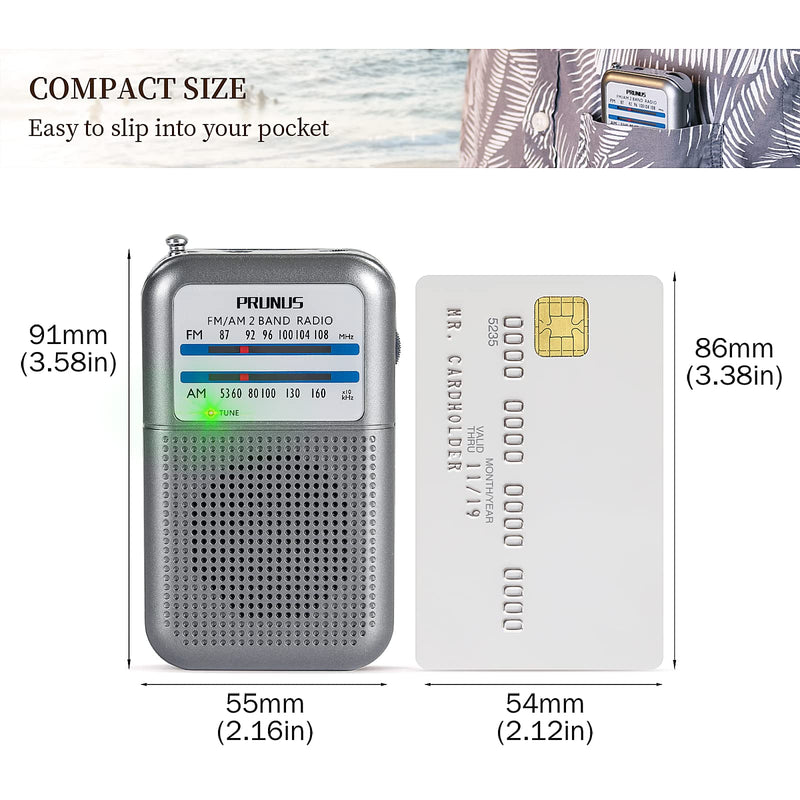 [AUSTRALIA] - Pocket AM FM Radio Portable, Mini Transistor Radio with Excellent Reception, Tuning Knob with Signal Indicator, AAA Battery Operated for Walking and Jogging, DE333 by PRUNUS Silver01 