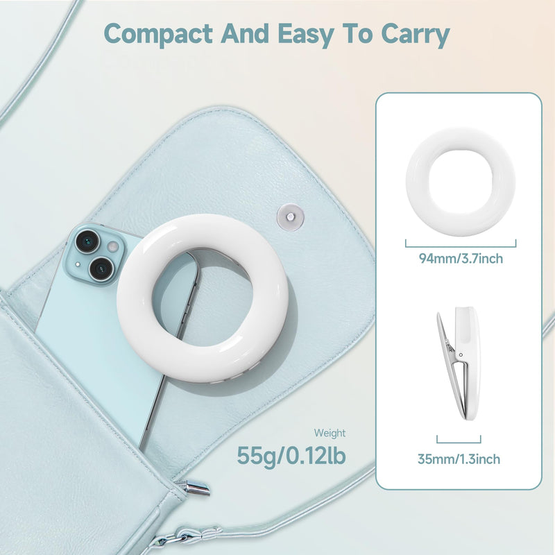 Clip on Ring Light, Rechargeable Selfie Fill Light, Portable Selfie Ring Light with 3 Adjustable Light Modes, Video Conference Light for iPhone, Laptop, iPad, Zoom Meeting, Make up, Video