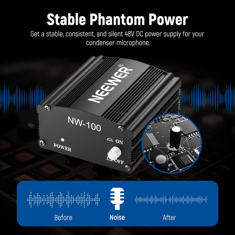 Neewer 1-Channel 48V Phantom Power Supply with Adapter, BONUS+XLR 3 Pin Microphone Cable for Any Condenser Microphone Music Recording Equipment (8 feet) NW-100