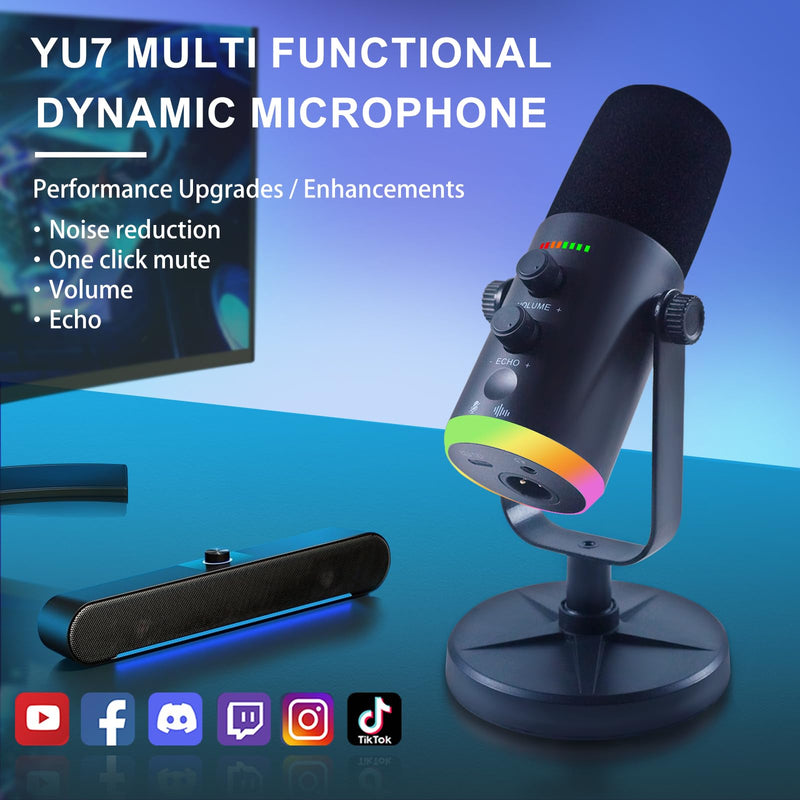 YU7 USB/XLR Dual-Mode Dynamic Gaming Microphone for PS5/PC/Mac/mobile Phones, 48kHz HiFi, Noise Reduction, RGB Gaming Light YouTube/TikTok Streaming Live mic, Can be Used for Microphone Stand
