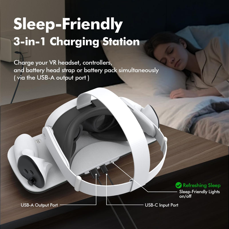 Charging Dock Compatible with Meta Quest 3/3S, Magnetic Fast Charging | Closable 9 RGB Modes, 2 Rechargeable Batteries, With USB-C Cable & Adapter, Compatible with VR Headset Controller Accessories White