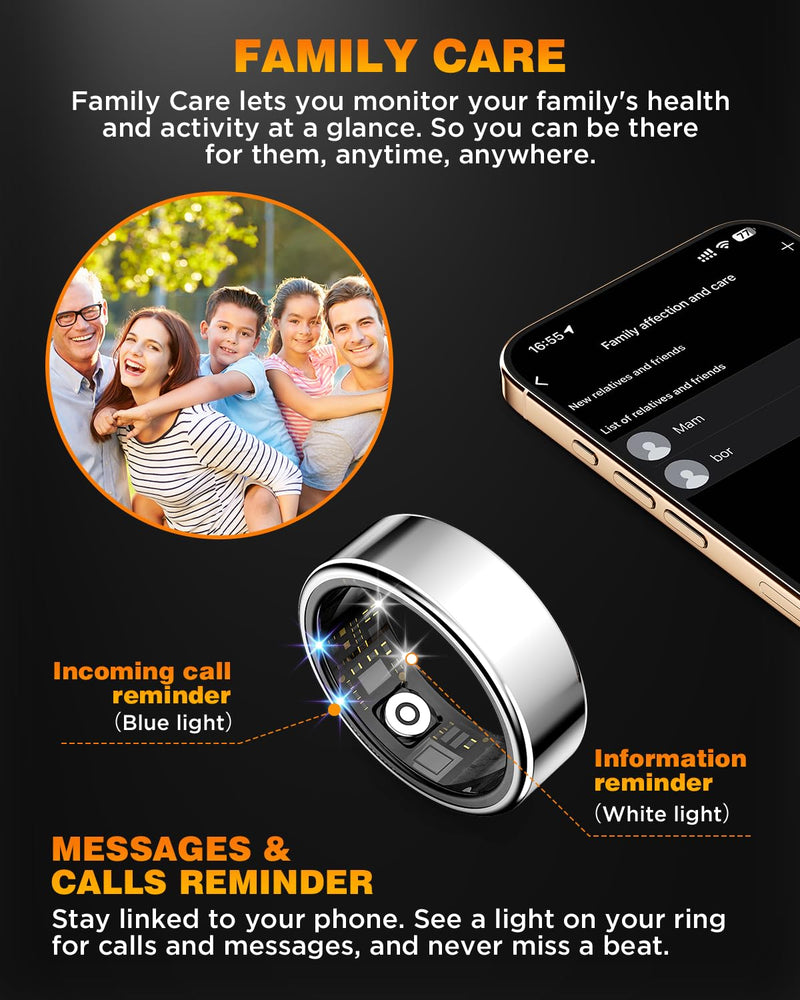 Smart Ring Health Tracker with Charging Case Sleep Heart Rate & Blood Oxygen Monitor 5ATM+IP68 Waterproof Fitness Ring No Subscription 3-7Day Battery iOS & Android Compatible for Men Women silver 9#